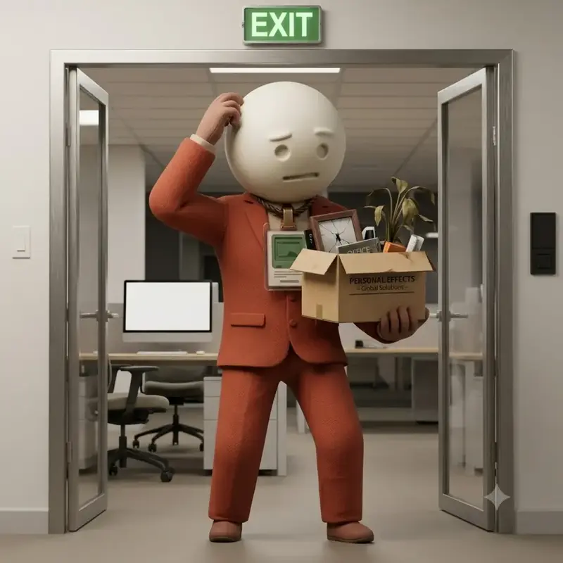 FIRED mascot character standing in an office doorway under an EXIT sign, holding a box of personal effects after being replaced by AI