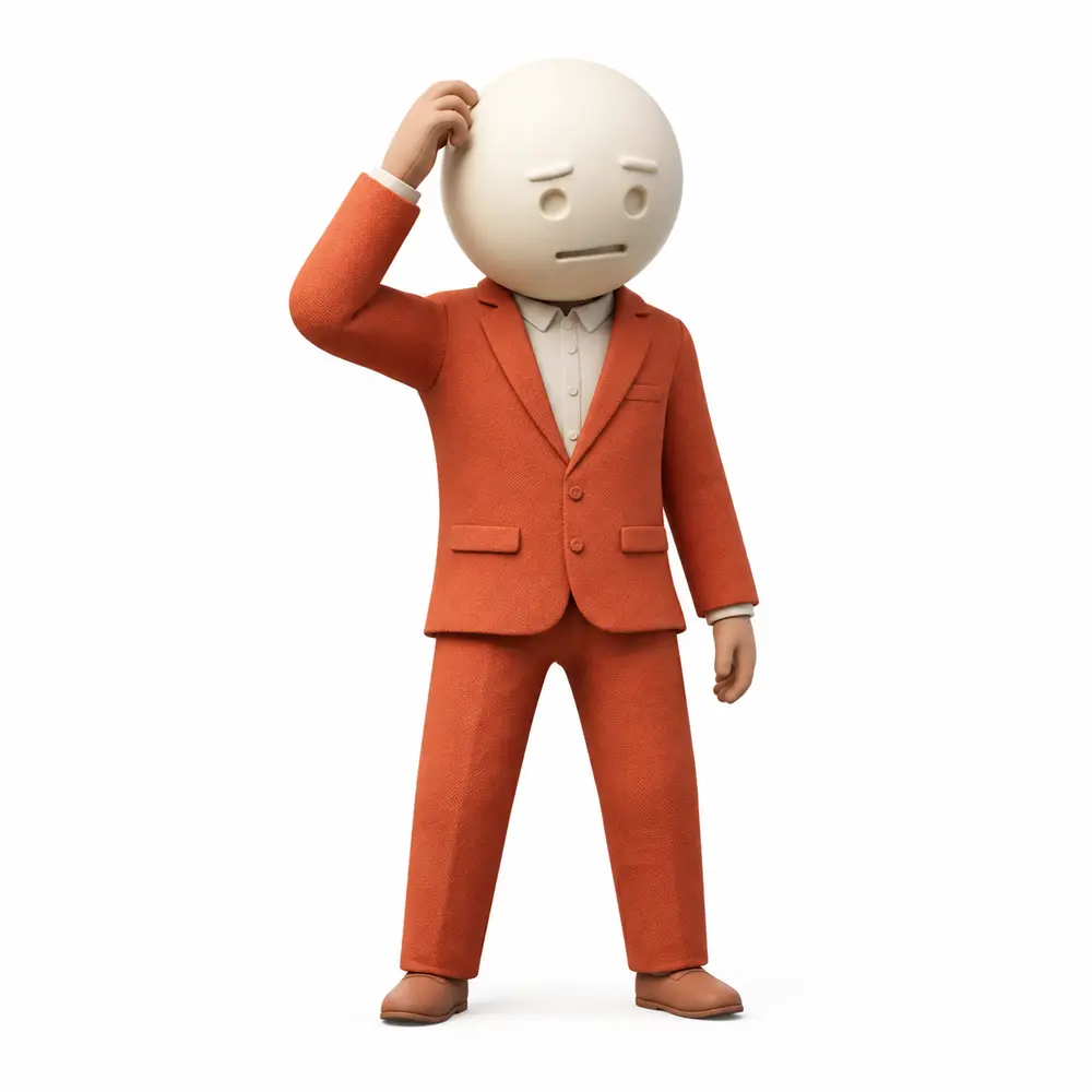 FIRED mascot reference image — worried character in orange suit scratching his head