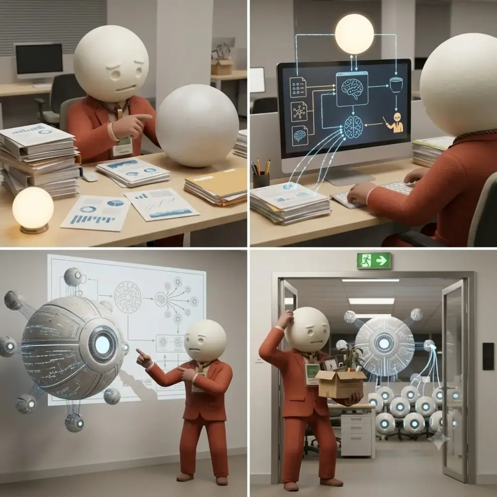 Four-panel comic showing the FIRED mascot being replaced by an AI system at the office and walking out with a box